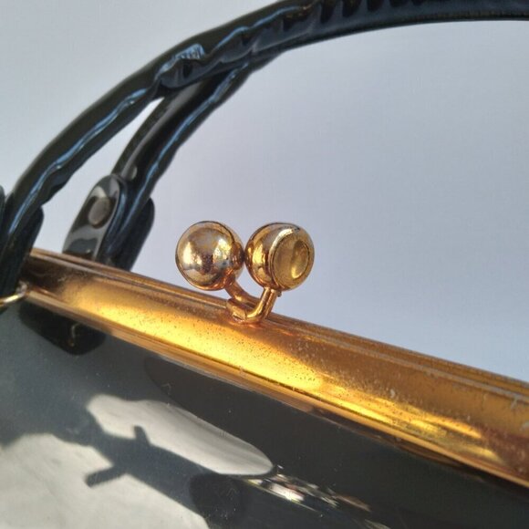 Vintage Black Sturdy Shiny Roomy Patent Gold Kiss Clasp Envelope Satchel Bag - Picture 6 of 15
